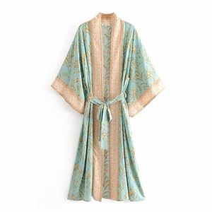 Mint and Cream Bohemian Floral Kimono Robe